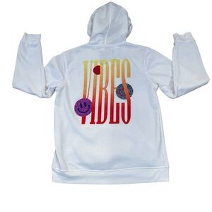 Brooklyn Cloth Mfg. Co. white long sleeved hoodie with 'GOOD VIBES' print, L.